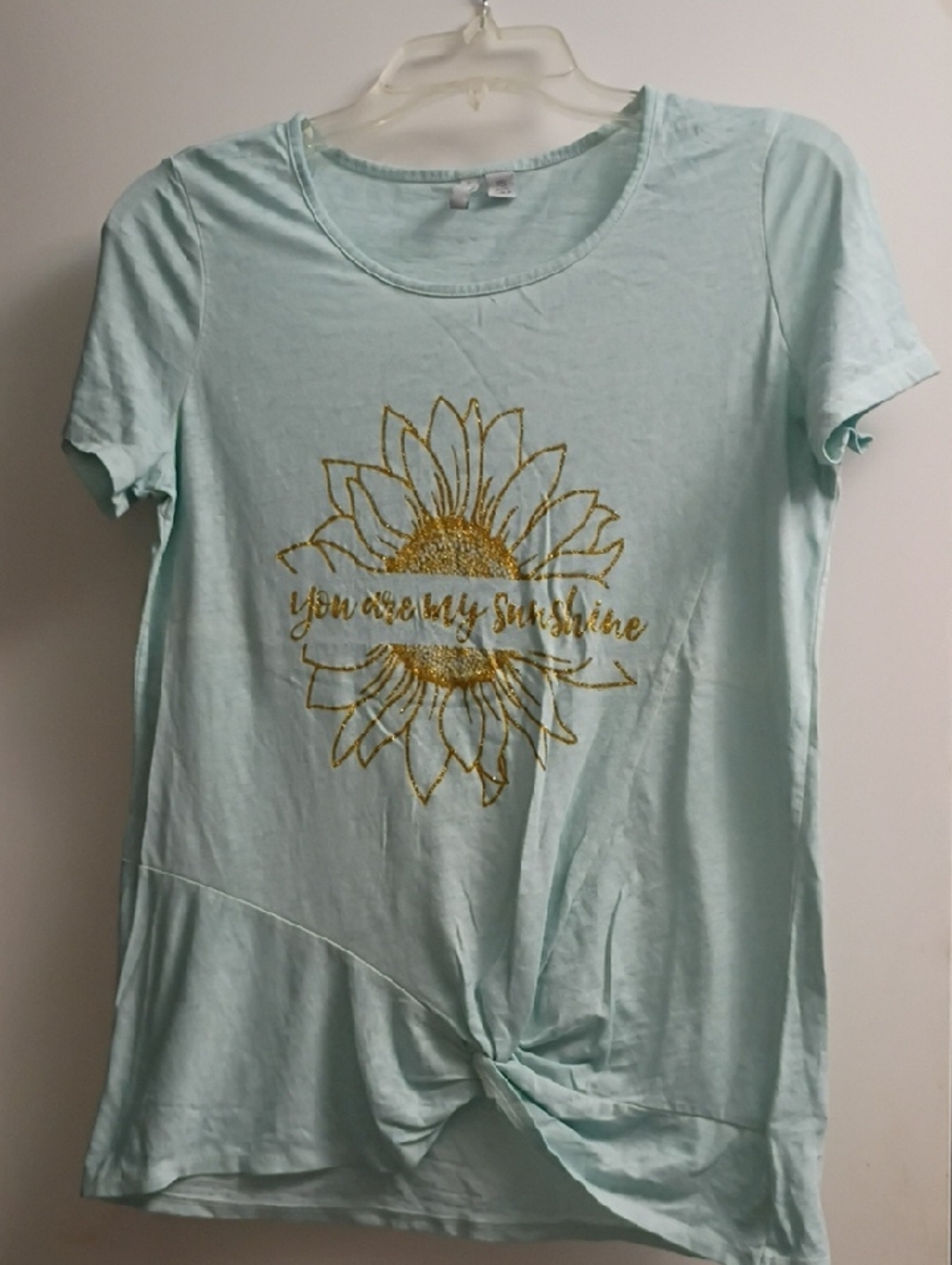Cato Light Aqua Short Sleeve Tee with Gold Sunflower Graphic